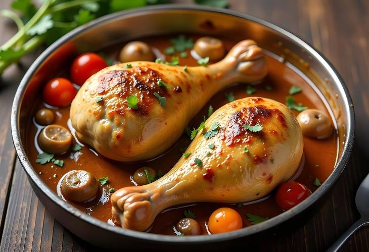 Enjoy Baked Chicken Legs with Mushrooms and Fresh Vegetables